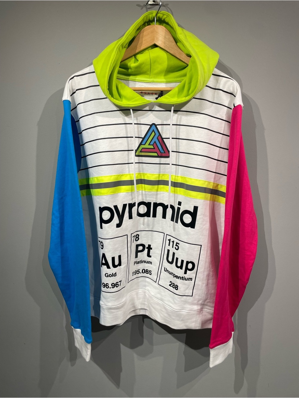 Black Pyramid White Hooded Sweatshirt with Neon Green Hood, Blue & Pink Sleeves